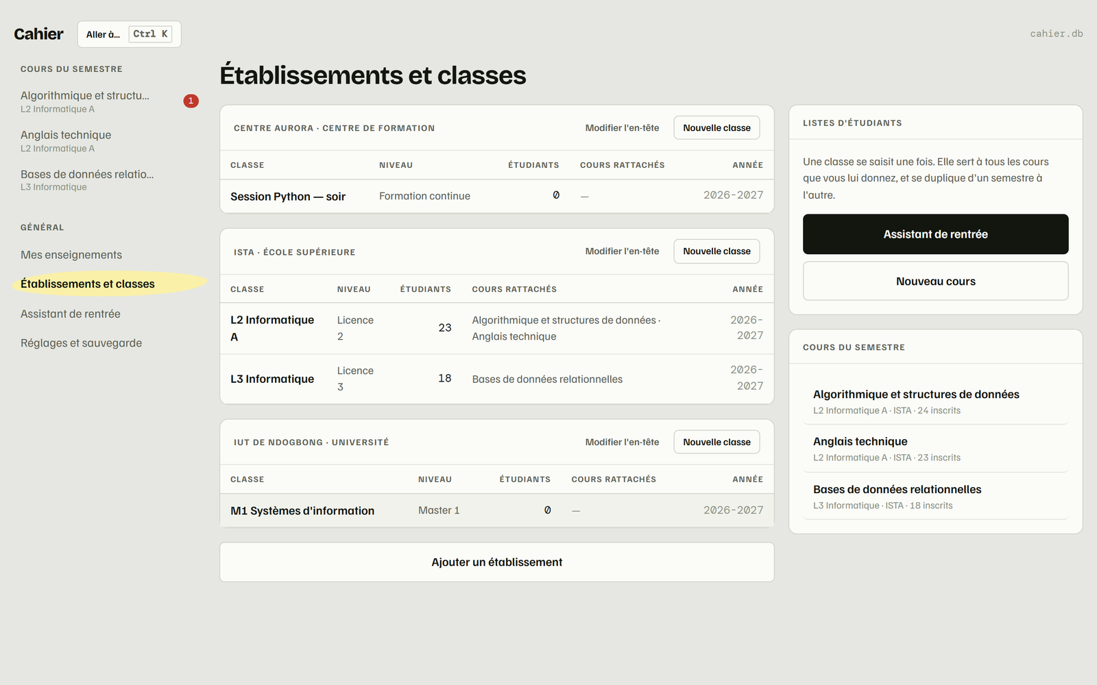 Écran Établissements et classes