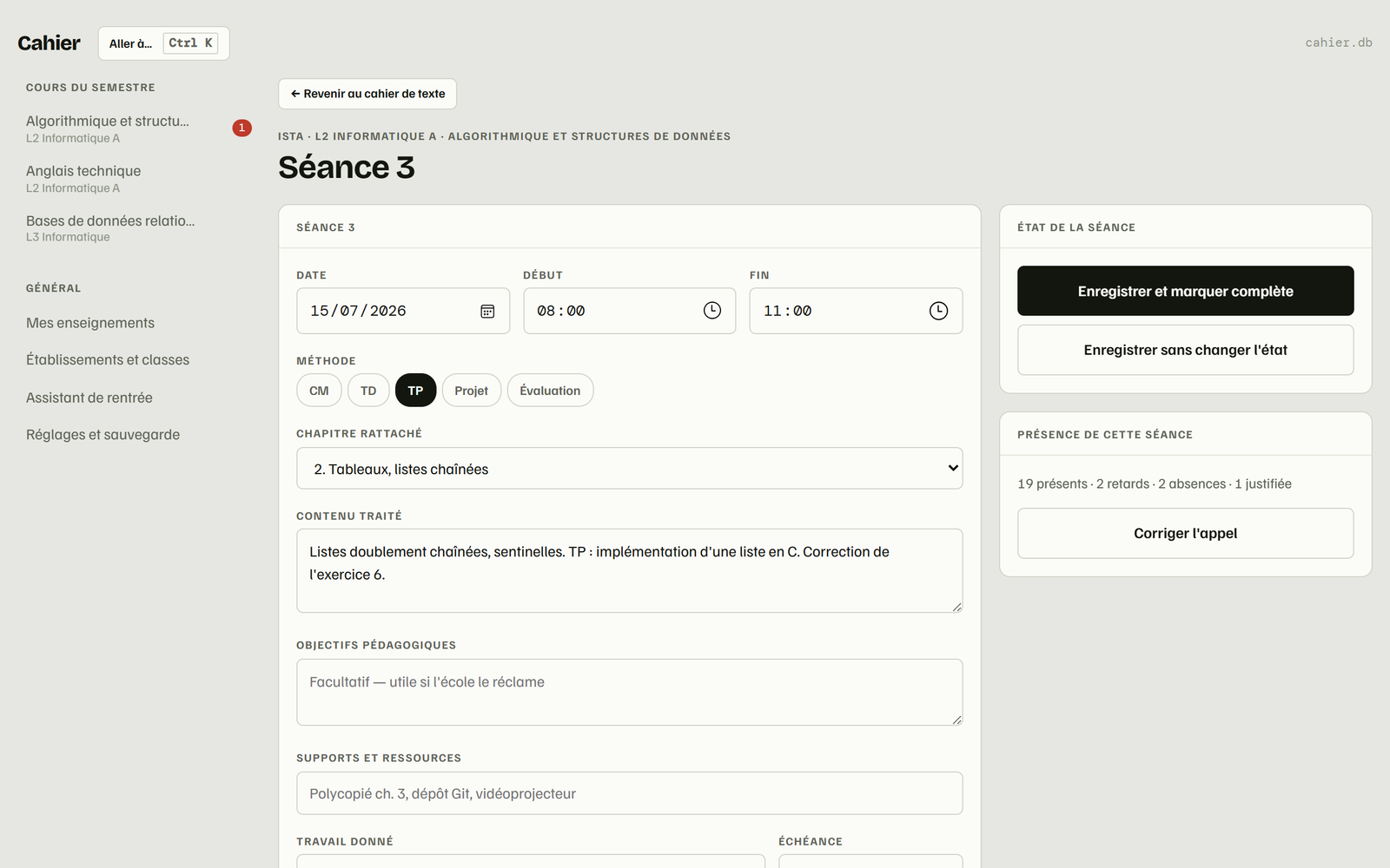 La fiche d'une séance