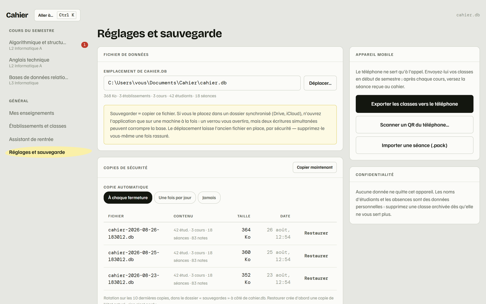 Réglages et sauvegarde : emplacement, copies horodatées